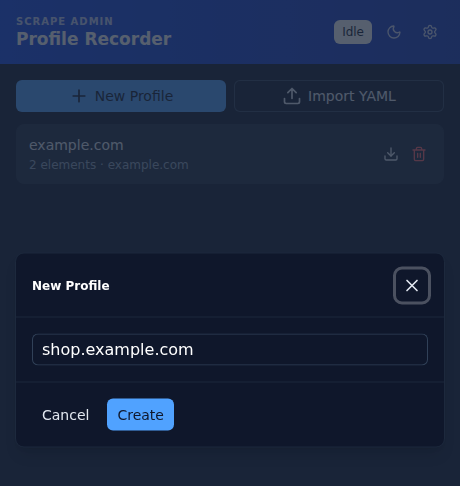 The "New Profile" modal, prompting for a name before creating the profile
