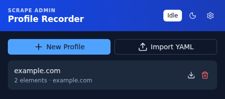 The profile list, with an existing profile and the "New Profile" / "Import YAML" actions