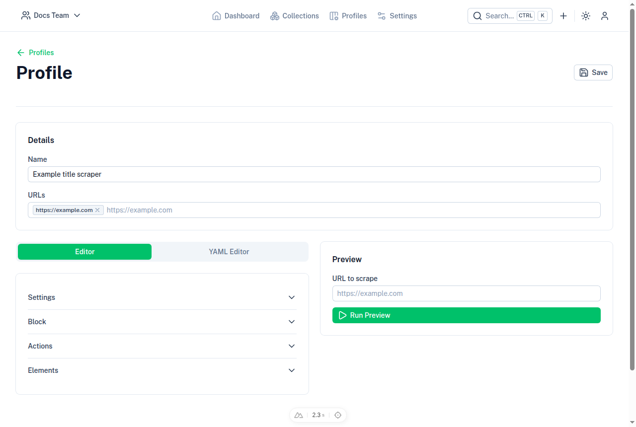 A profile's editor and run preview